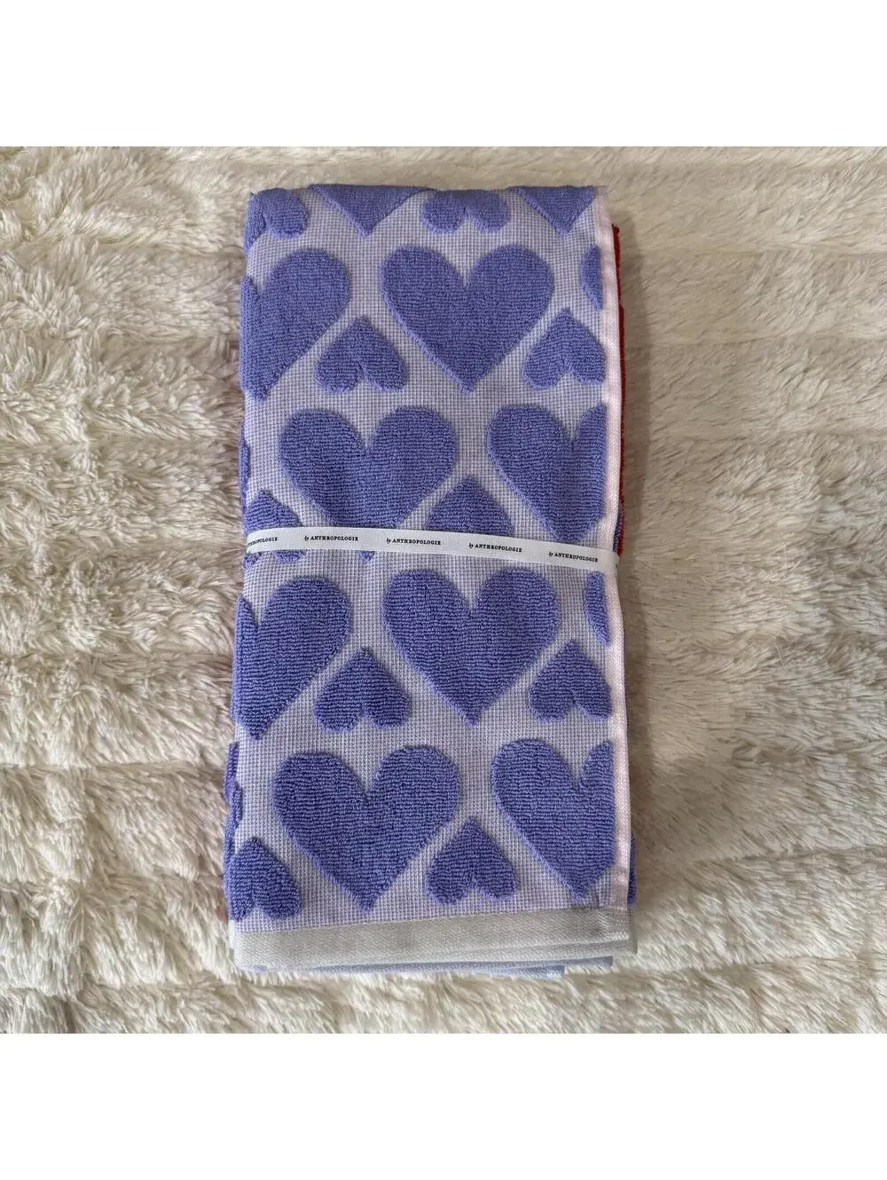 Anthropologie Heart Patterned Bath Towels Set - Red & Blue